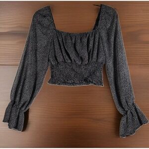 Altar'd State Black White Micro Leopard Smocked Crop Top Bell Sleeve Women's M